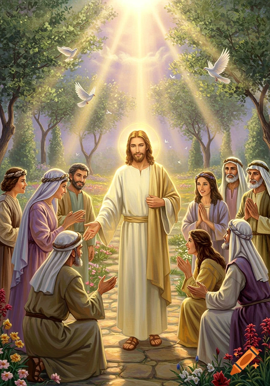Illustrative painting of Jesus, bathed in golden light, with outstretched hands, surrounded by his disciples in a serene garden. Doves fly above.