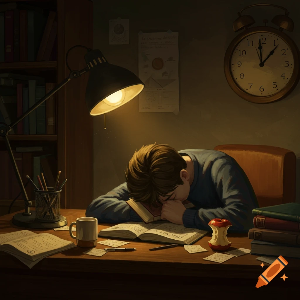 An illustration of a tired student sleeping on an open book at a desk, illuminated by a desk lamp, with an alarm clock showing midnight on the wall.