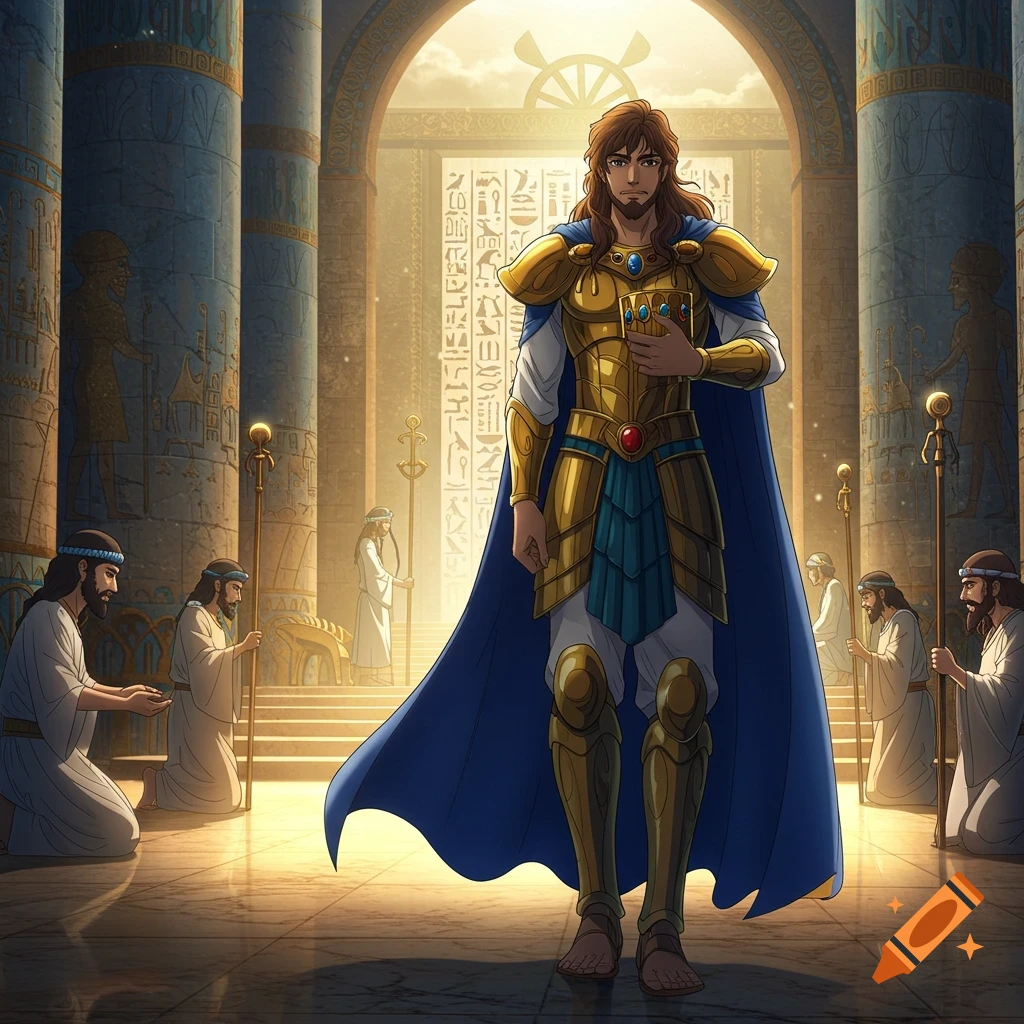 An anime-style ancient king in golden armor and blue cape stands in a grand temple with pillars and hieroglyphs, as priests kneel before him.
