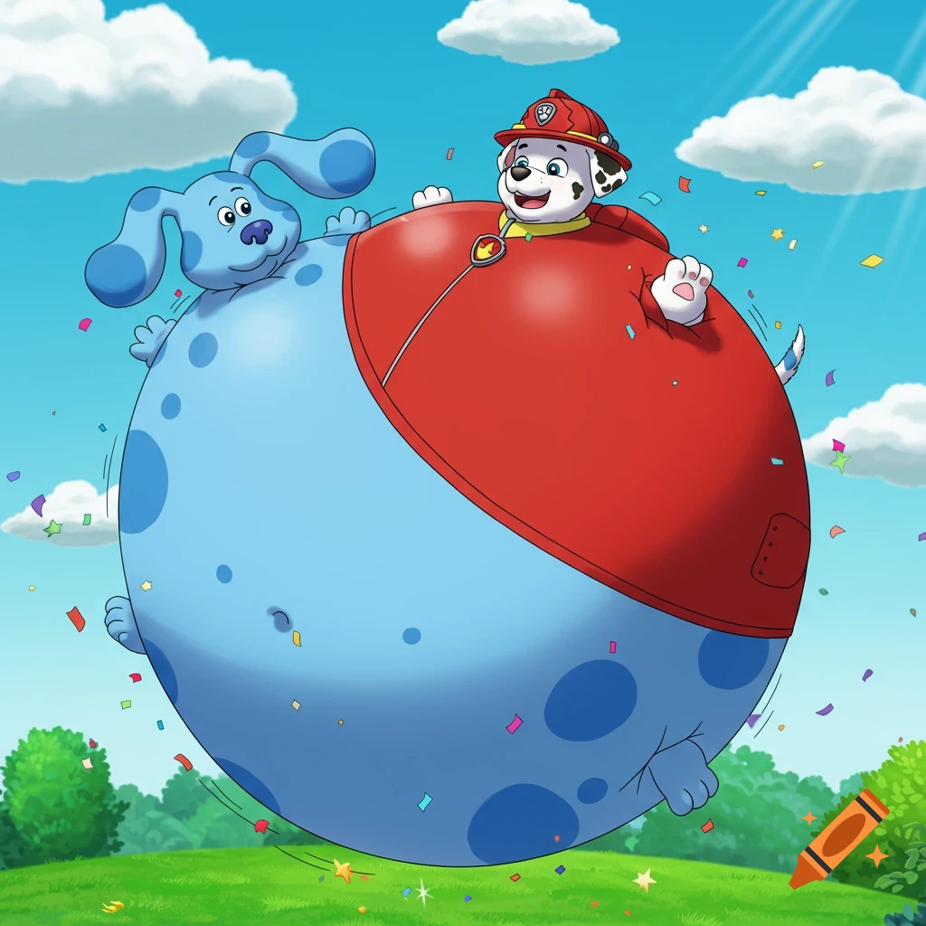Blue from Blue's Clues and Marshall from PAW Patrol are inflated like a large blue and red balloon, floating in a sunny sky with confetti.
