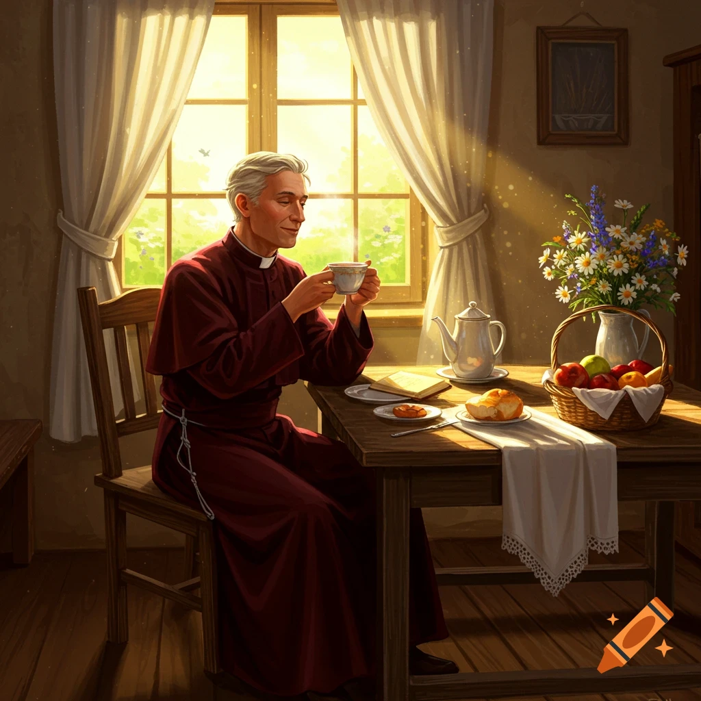 An elderly parson in a red robe sits at a wooden table by a sunny window, drinking from a teacup, with breakfast items and flowers on the table in an illustrative style.