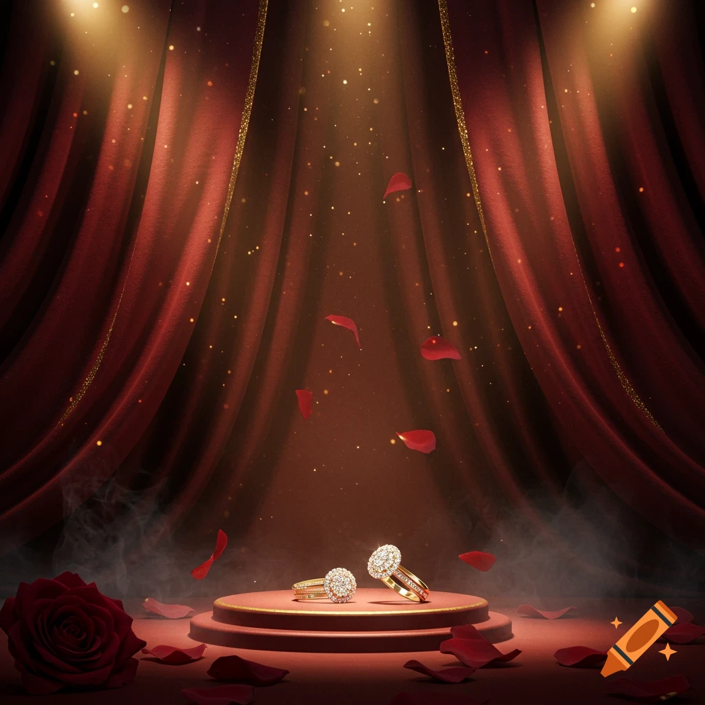 Two sparkling diamond rings on a red stage, surrounded by falling rose petals and dramatic red curtains with golden spotlights.
