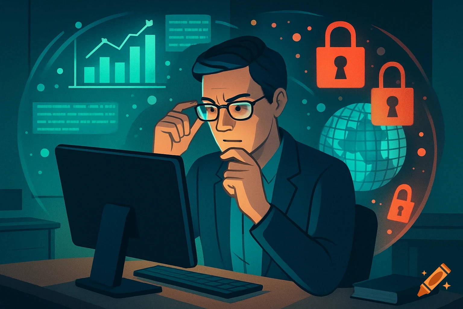 A stylized illustration of a man with glasses intently looking at a computer screen, surrounded by data graphs, a globe, and padlocks, representing online research and security.