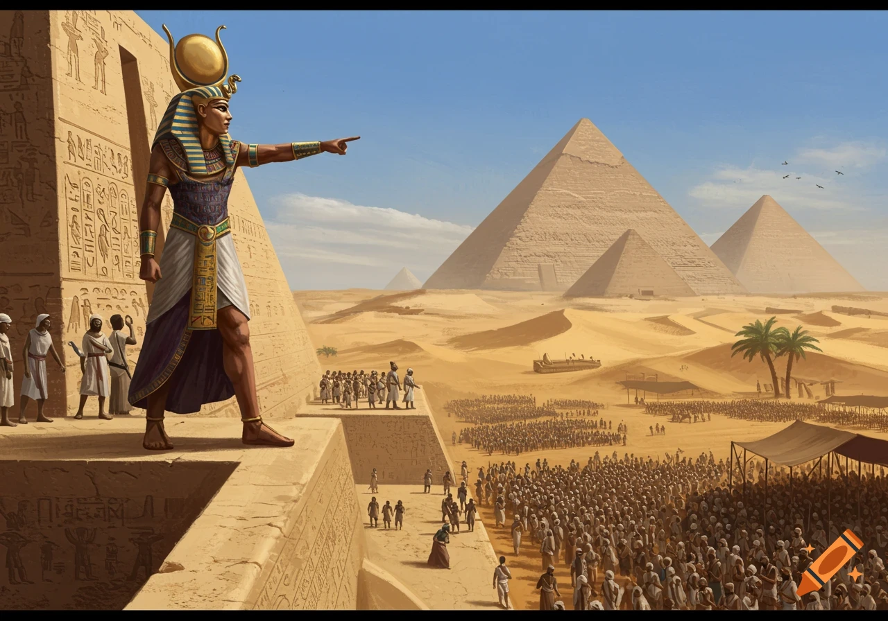 A pharaoh points to a vast crowd and pyramids in an ancient Egyptian desert scene.
