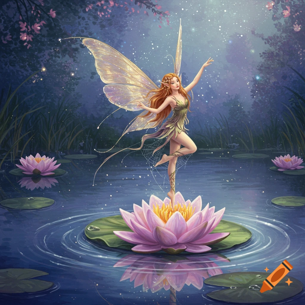 A red-haired fairy with glowing wings dances on a pink water lily in a magical moonlit pond with sparkling light.