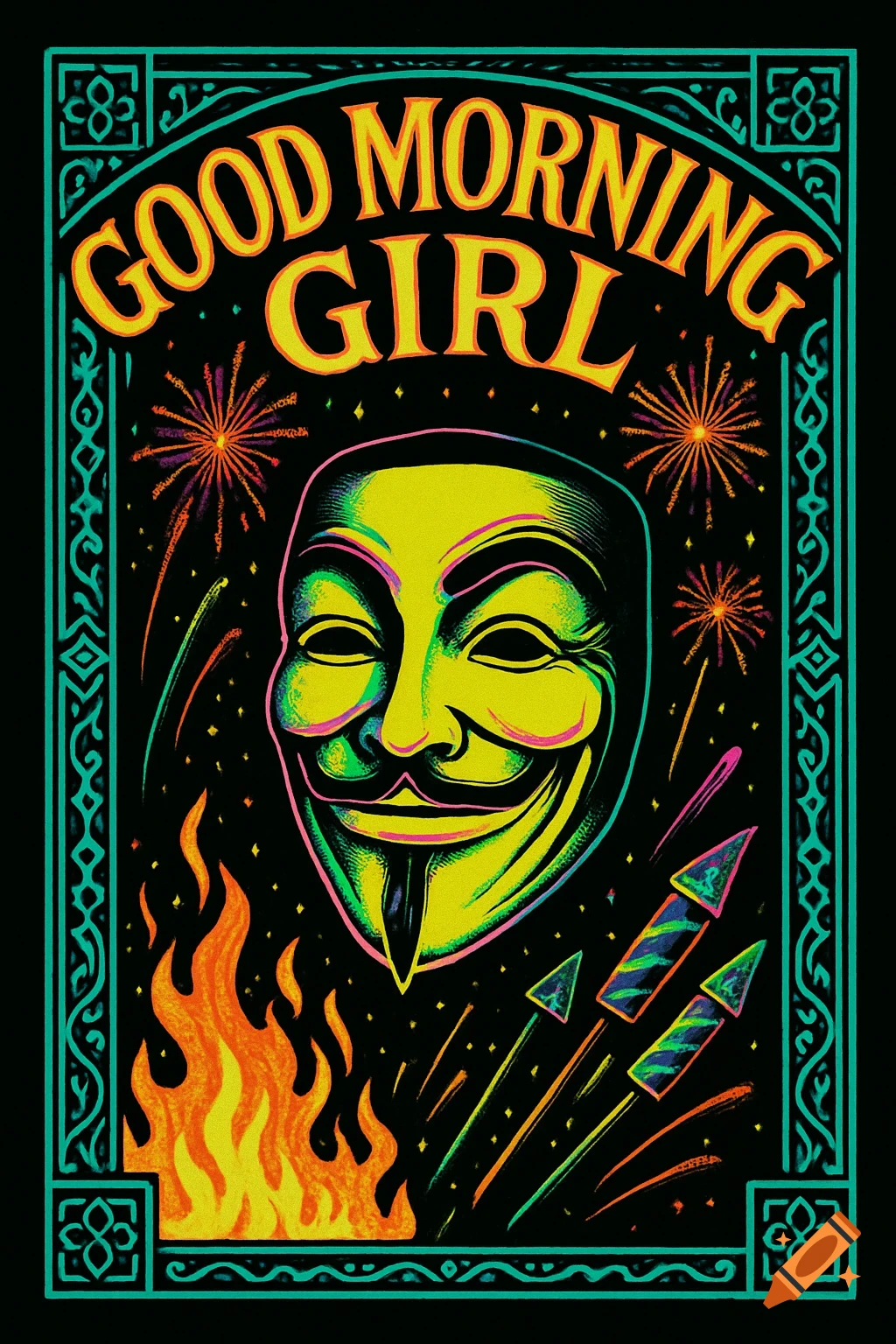 A vibrant graphic poster featuring a neon-colored Guy Fawkes mask, 'GOOD MORNING GIRL' text, fire, and fireworks, framed by decorative Tudor borders on a black background.