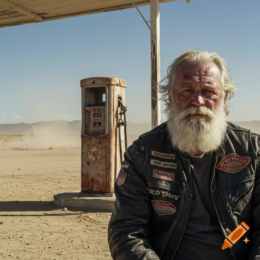 Photorealistic portrait of an old, bearded biker with a leather jacket and facial wounds, sitting in a desolate desert near a rusty gas pump.