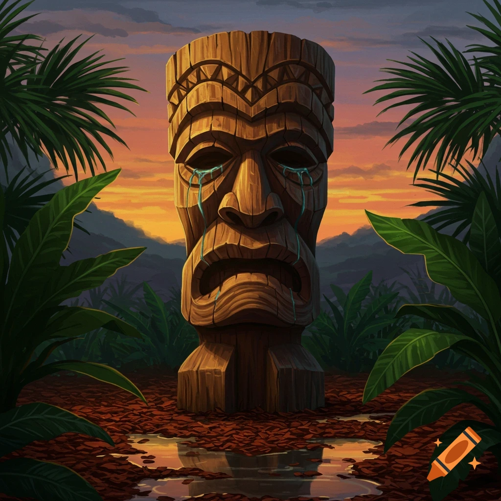 A wooden tiki statue with blue tears falling into a reflective puddle on the jungle floor at sunset, surrounded by large green leaves.