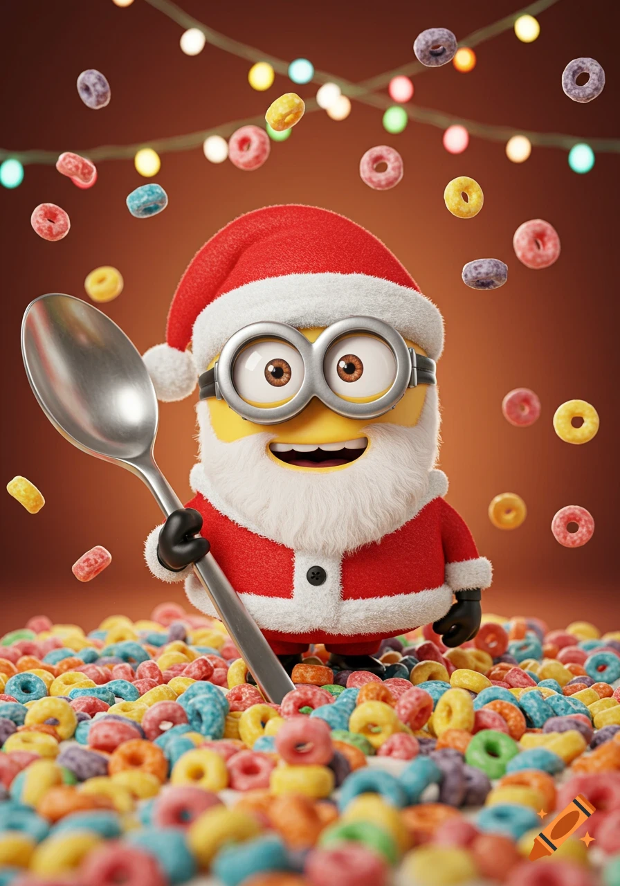 A Minion dressed as Santa Claus holds a spoon while standing in a pile of colorful fruit-loop-like cereal with Christmas lights above, 3D render.