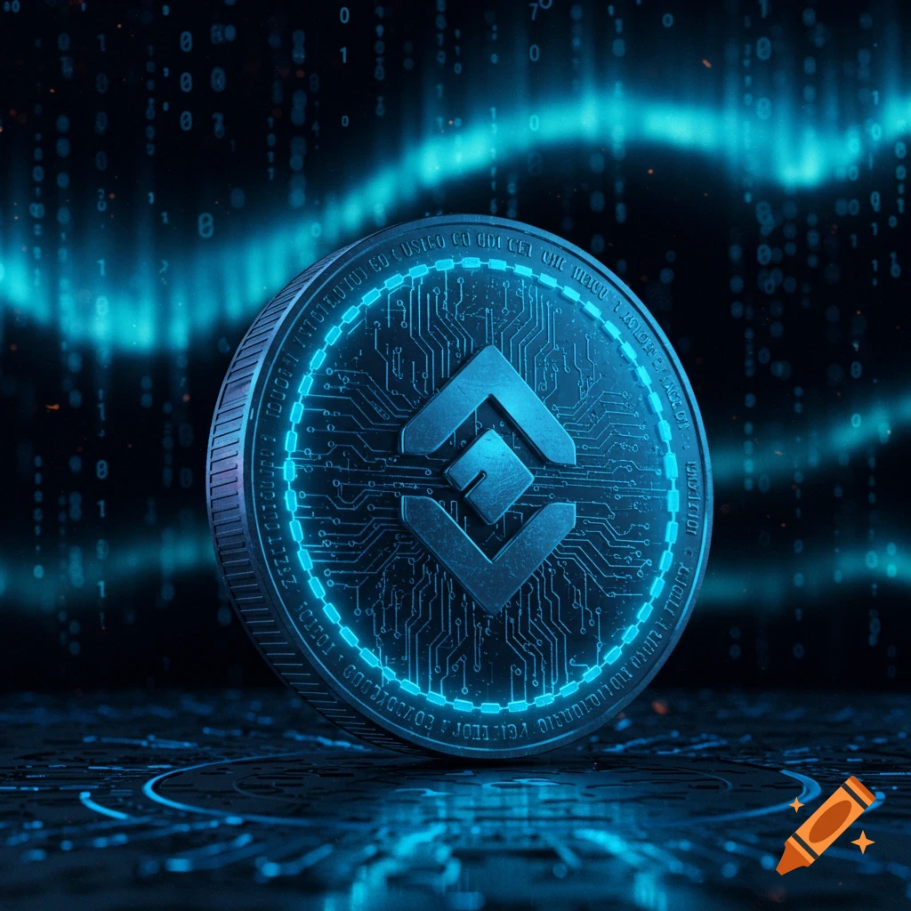A glowing blue and dark metallic cryptocurrency coin with a distinctive central symbol and circuit patterns, against a background of binary code.