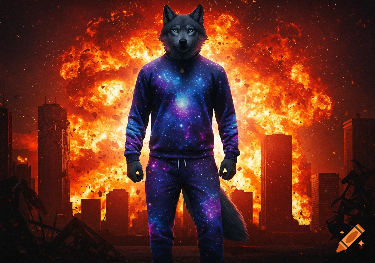 A wolf-man in a galaxy tracksuit stands confidently amidst an exploding cityscape at night.