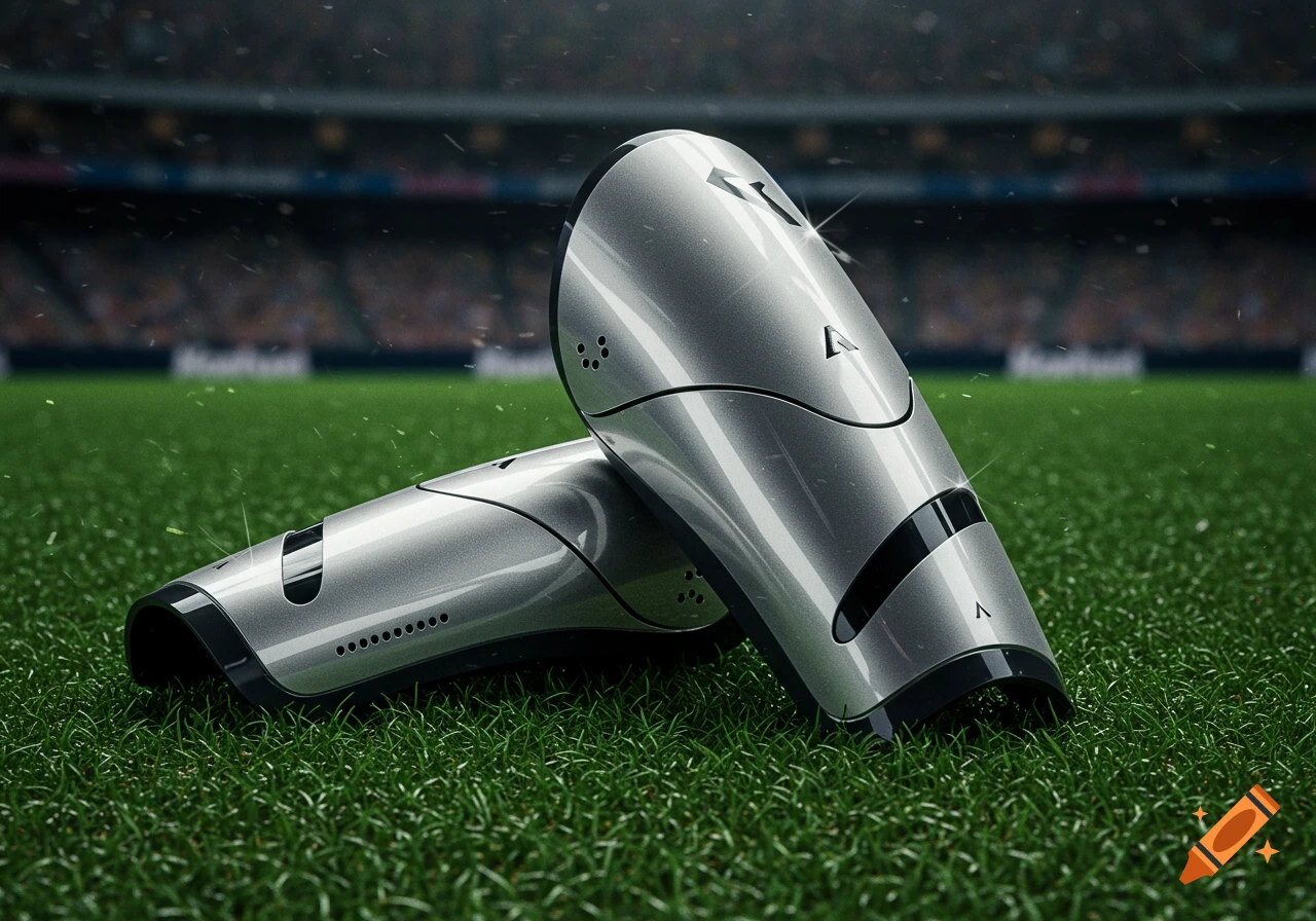 Photorealistic image of two silver shin pads on a green grass field in a blurry stadium background.