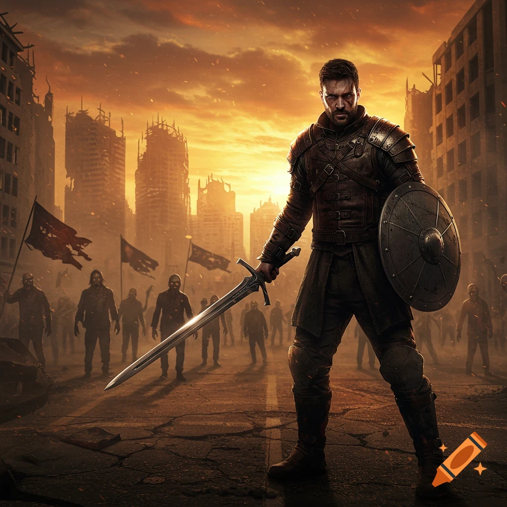 A warrior in armor with a sword and shield faces a horde of zombies in a ruined city at sunset, post-apocalyptic dark fantasy.