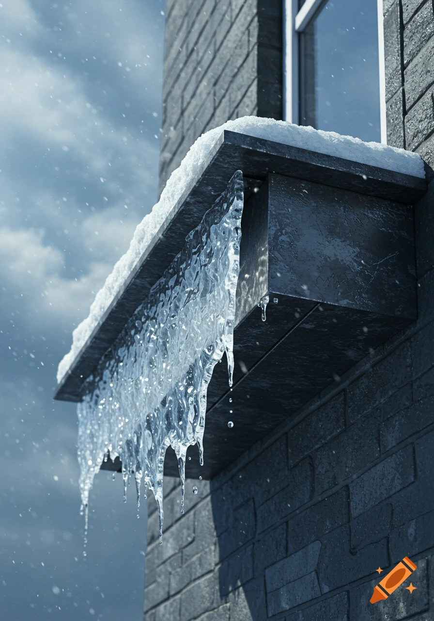 Close-up of a dark building with a metal window ledge covered in snow and dripping ice, against a snowy sky.