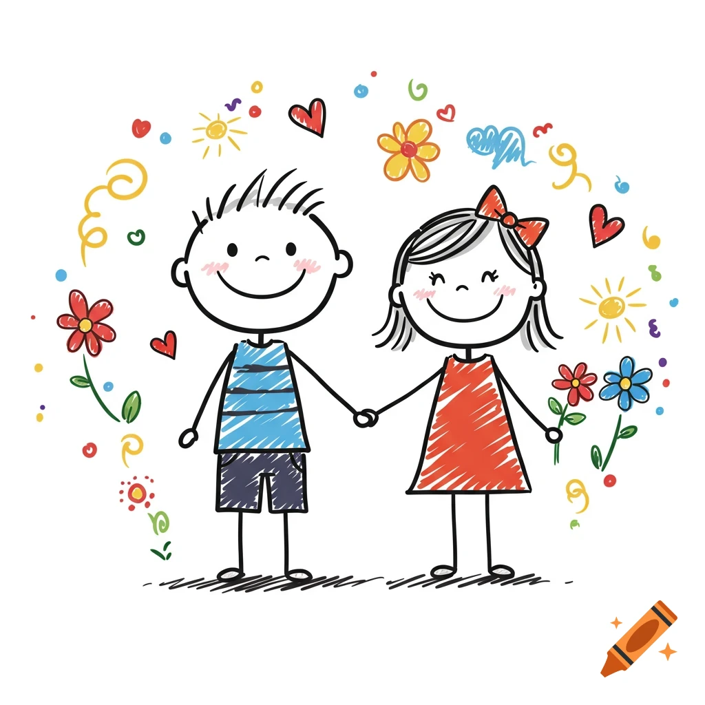 A colorful stick figure illustration of a boy in blue and a girl in red holding hands, surrounded by hearts, flowers, and suns on a white background.