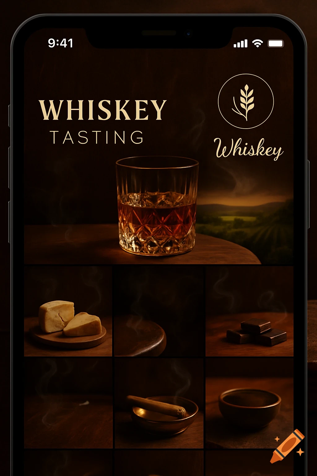 A smartphone screen displaying an Instagram page design for whiskey tasting, featuring a glass of whiskey, text, and a grid of related items like cheese, chocolate, and a cigar.