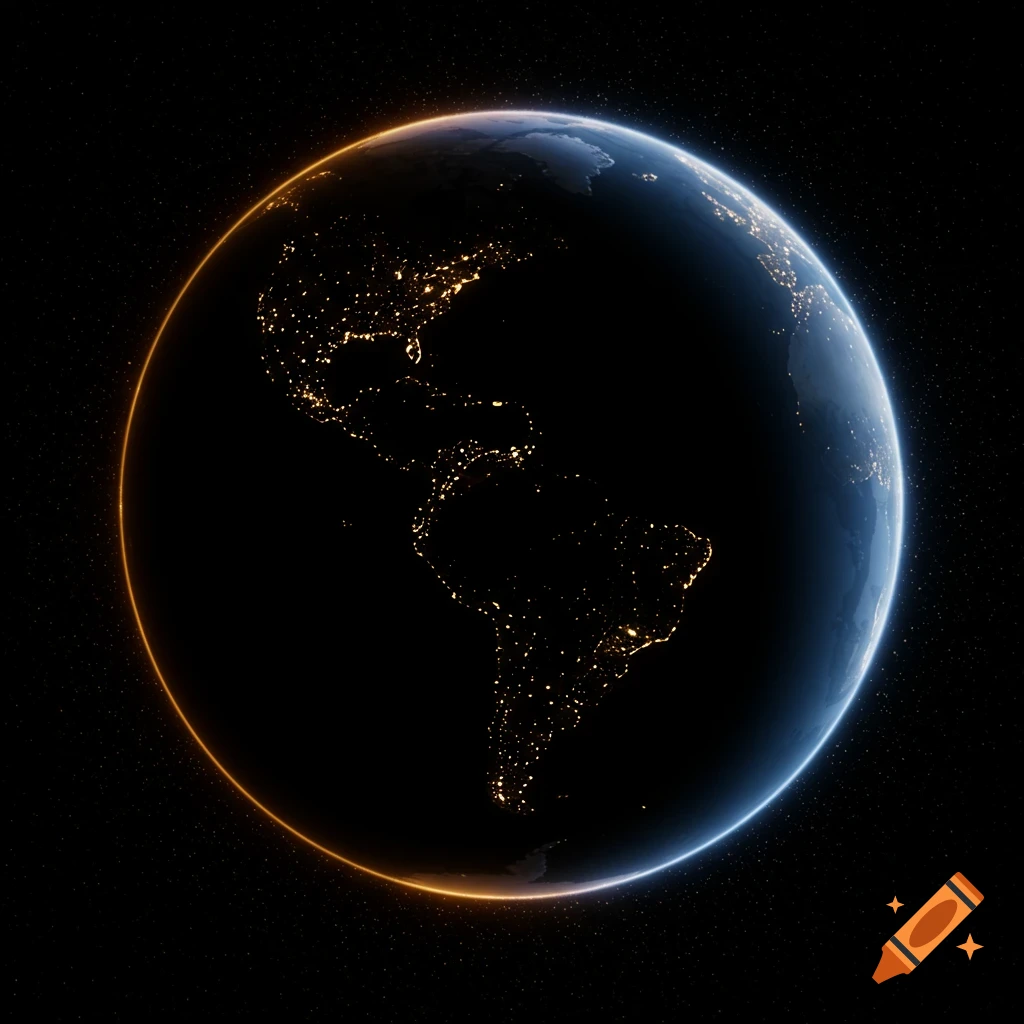Cinematic abstract globe of Earth showing North and South America's city lights on the night side, with glowing orange and blue edges.