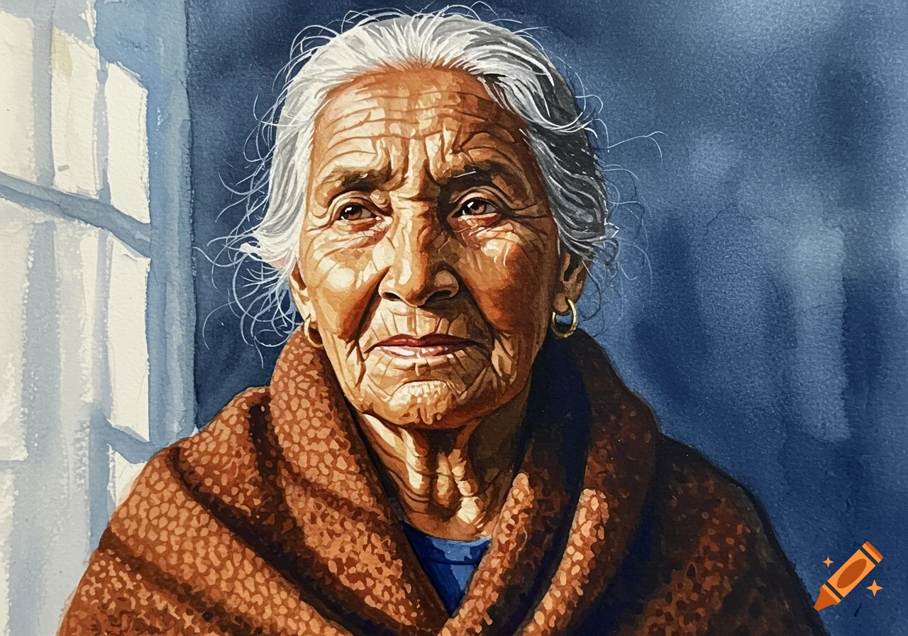 Watercolor portrait of an elderly woman with white hair and wrinkled skin, wearing a brown patterned shawl, against a blue background with a window.