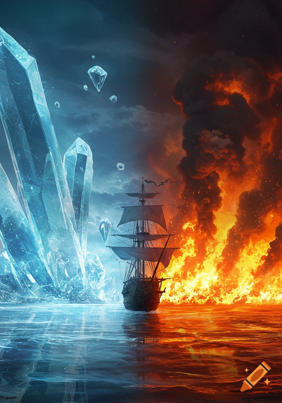 A ship sails a sea split between icy blue crystals and raging orange flames under a dramatic sky, fantasy art.