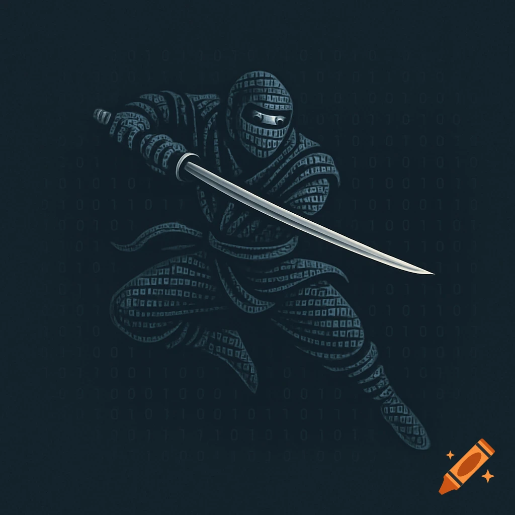 A stylized illustration of a ninja, composed of binary code, wielding a katana against a dark background with faint binary numbers.