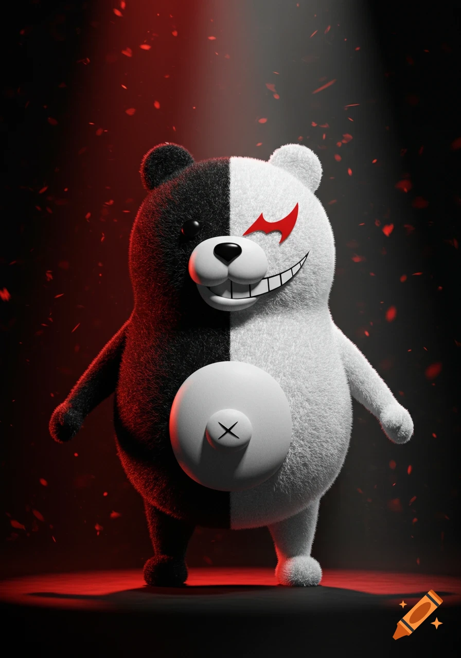 A 3D rendered Monokuma, a black and white split bear with a sinister smile and red eye mark, stands in red glowing particles.