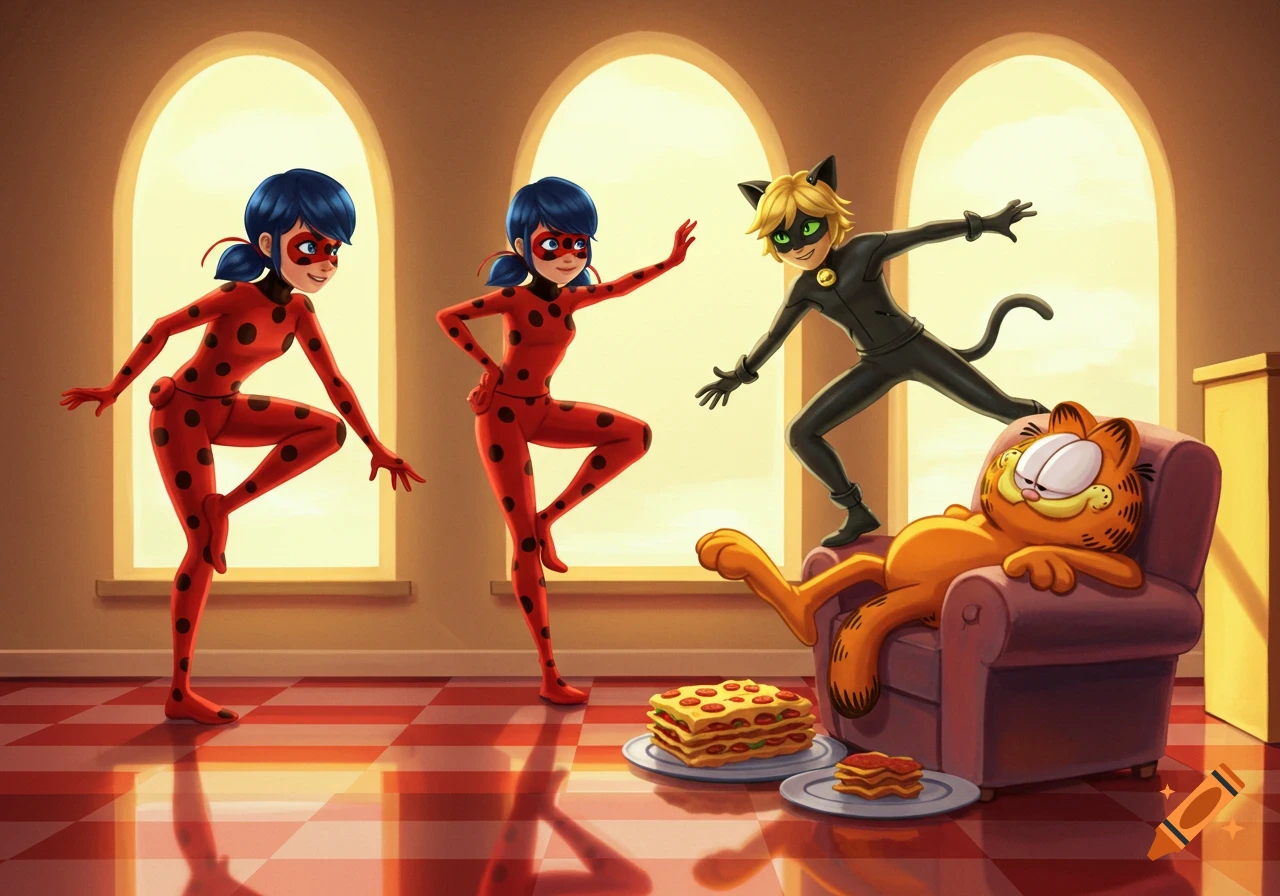 Two Ladybugs and Cat Noir pose in a brightly lit room while Garfield the cat relaxes in an armchair with lasagna, cartoon style.
