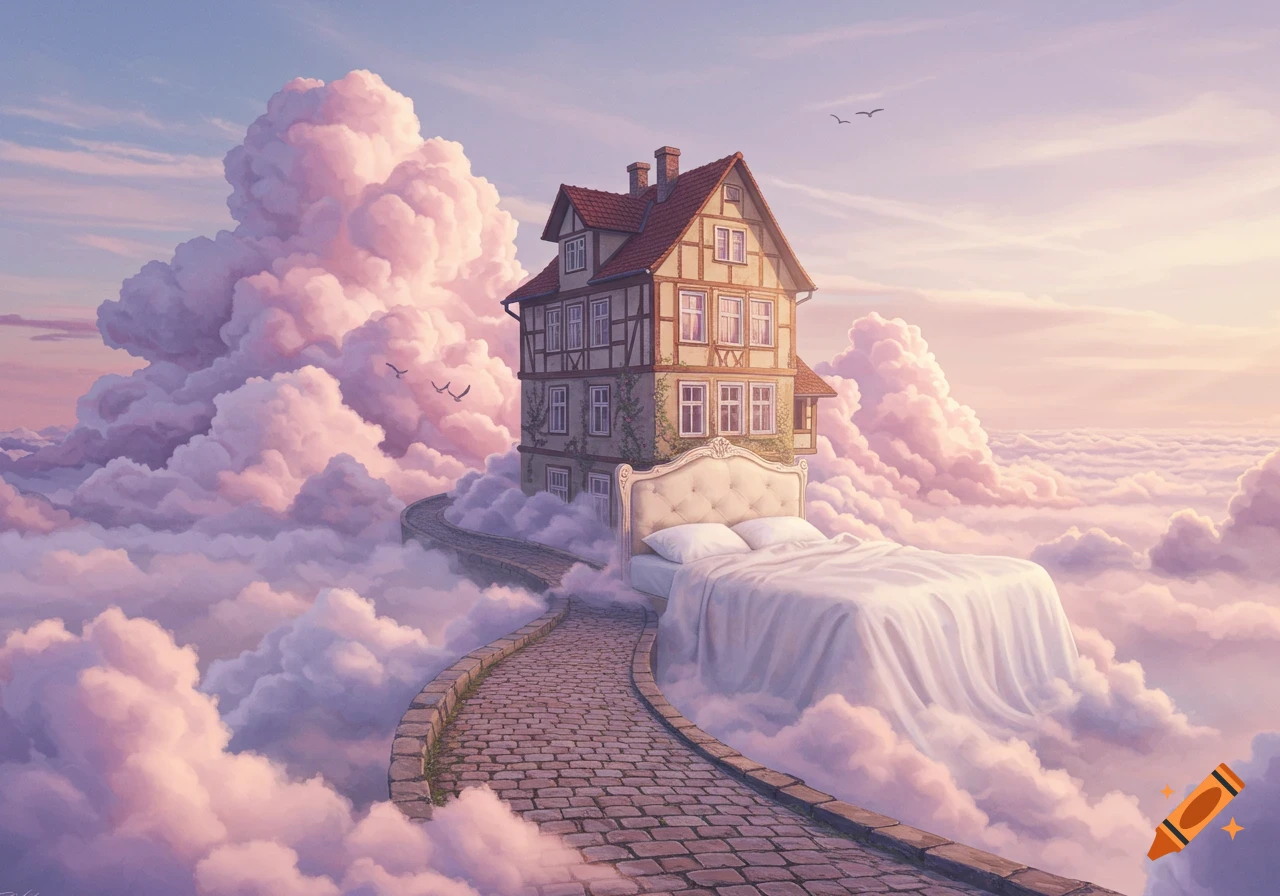 A surreal painting of a house and a bed on a cobblestone path, floating among pink and purple clouds at sunset.