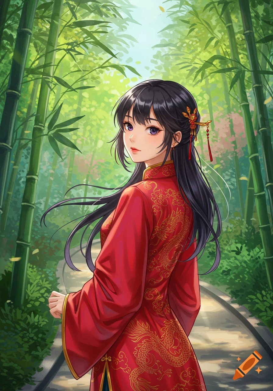 An anime Chinese girl in a red traditional dress with gold dragon patterns, looking over her shoulder in a vibrant bamboo forest.