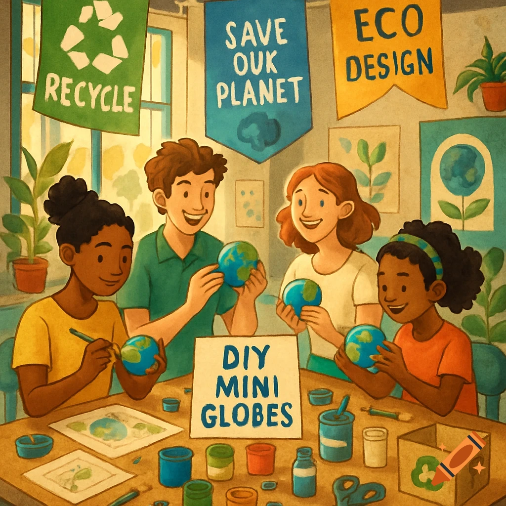 An illustration of four diverse children crafting mini globes at a table, with banners promoting recycling and eco-design.