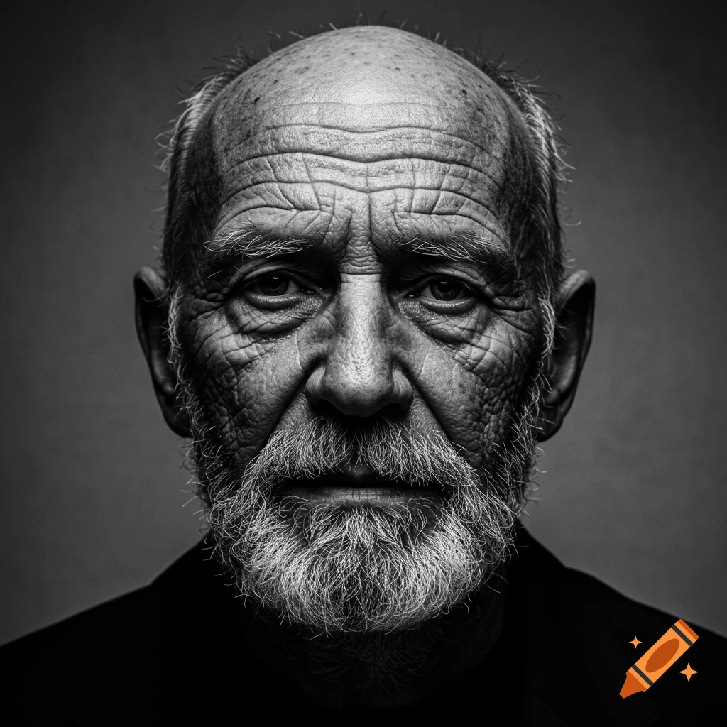Close-up black and white portrait of an old man with a wrinkled face, bald head, and white beard.
