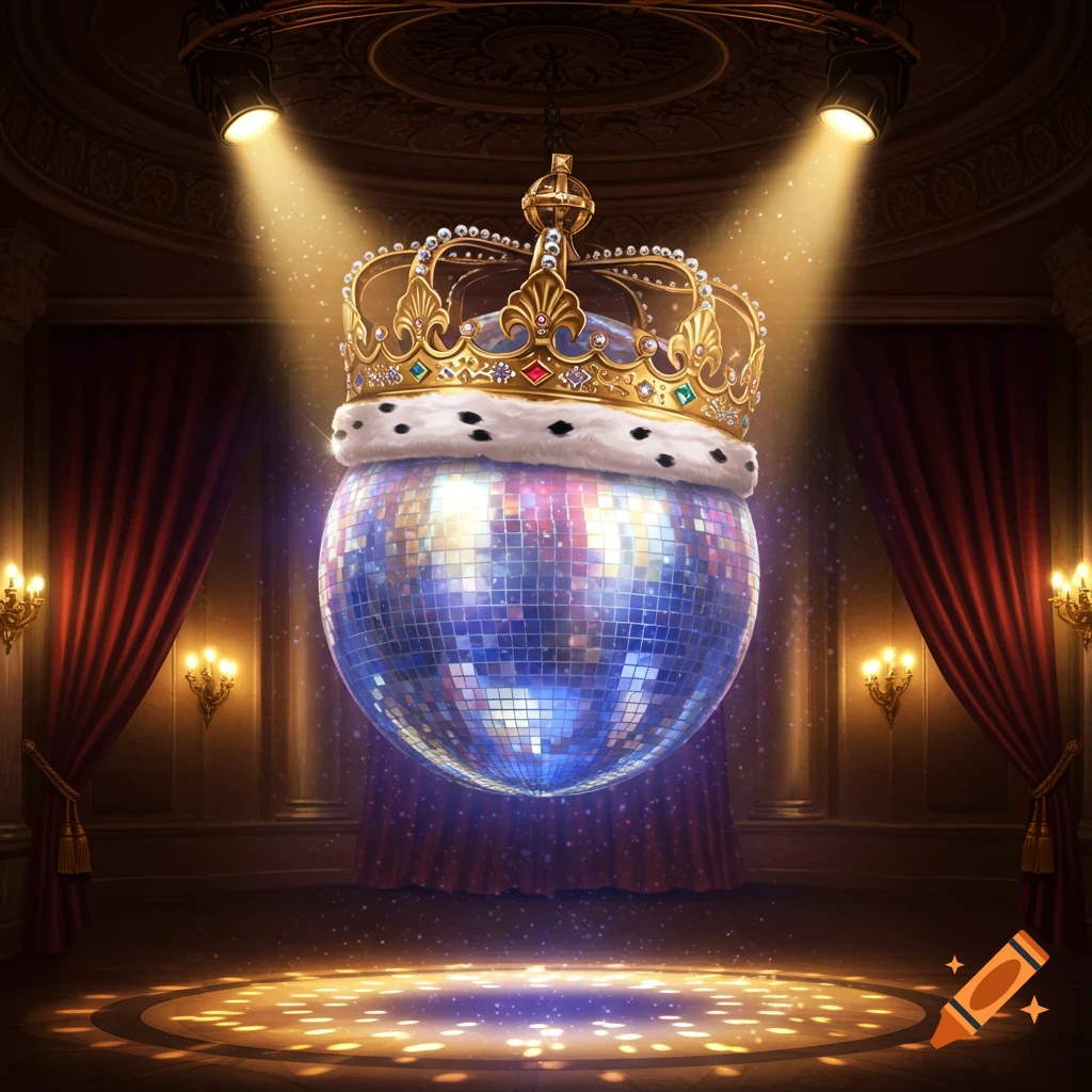 A large shimmering disco ball adorned with a golden royal crown hangs center stage in a dimly lit theater with red curtains, illuminated by spotlights.