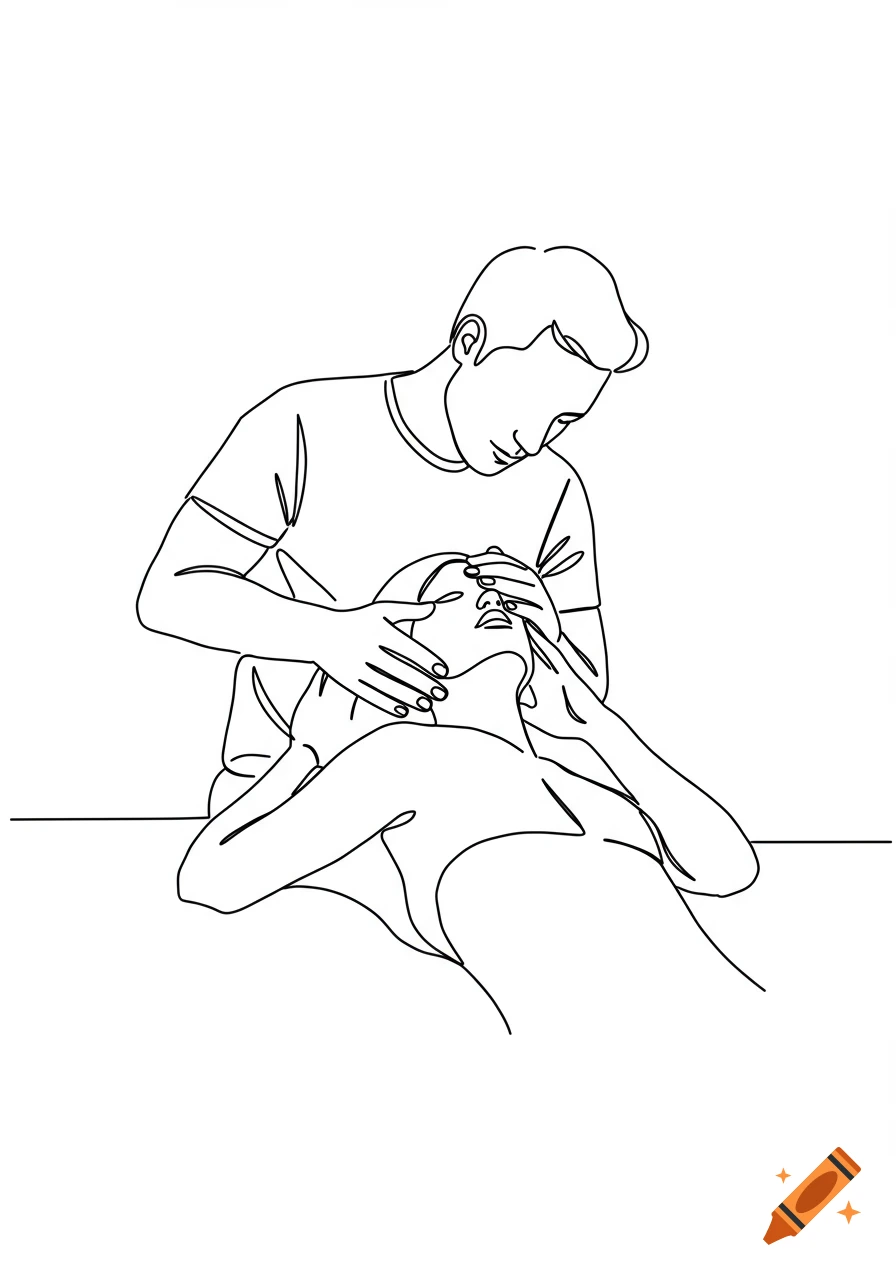 A simple black and white line art drawing of a man massaging a woman's face and head.