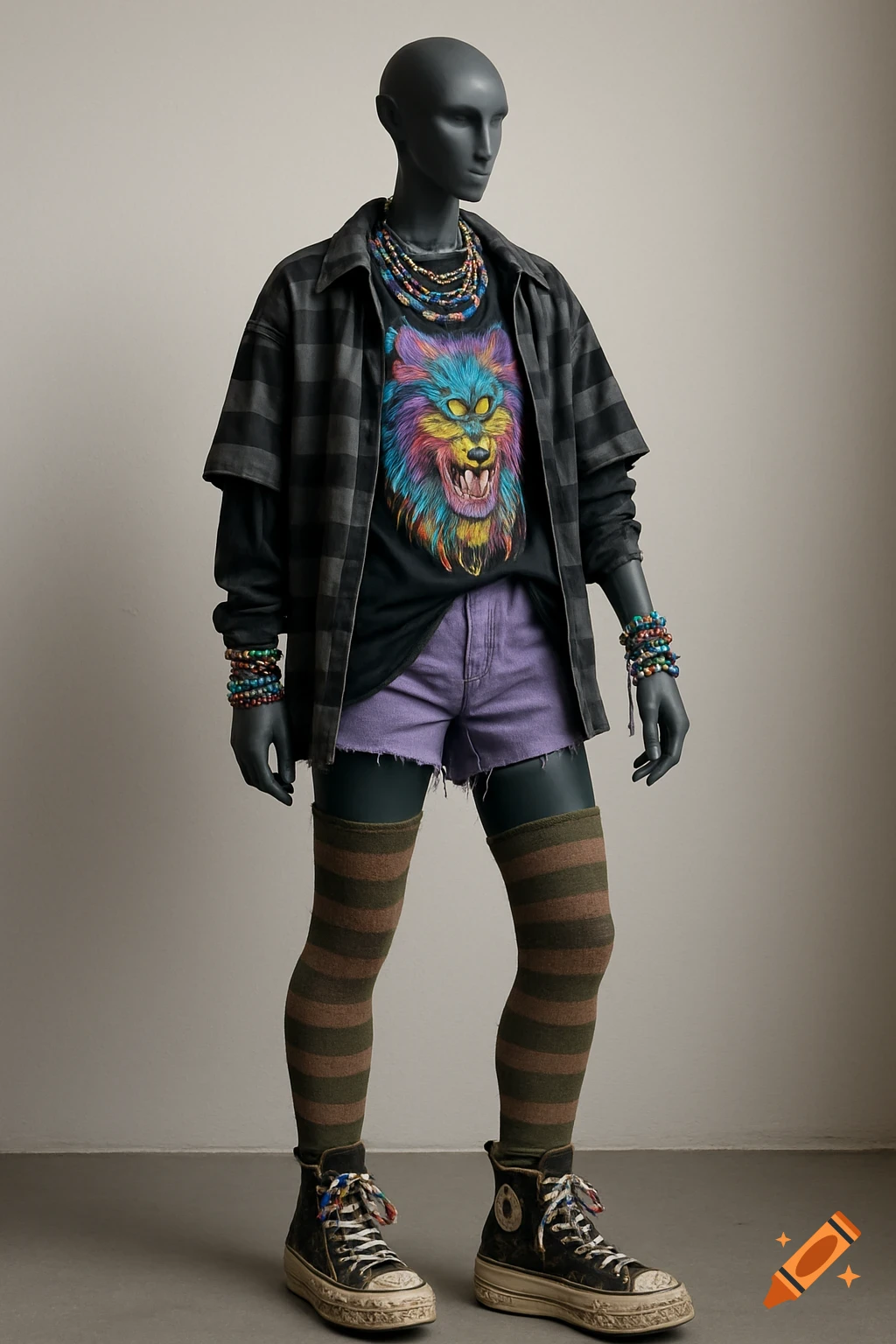 A dark grey mannequin wearing a vibrant alternative outfit, including a plaid shirt, a colorful wolf graphic t-shirt, purple shorts, striped knee-high socks, and black platform sneakers.
