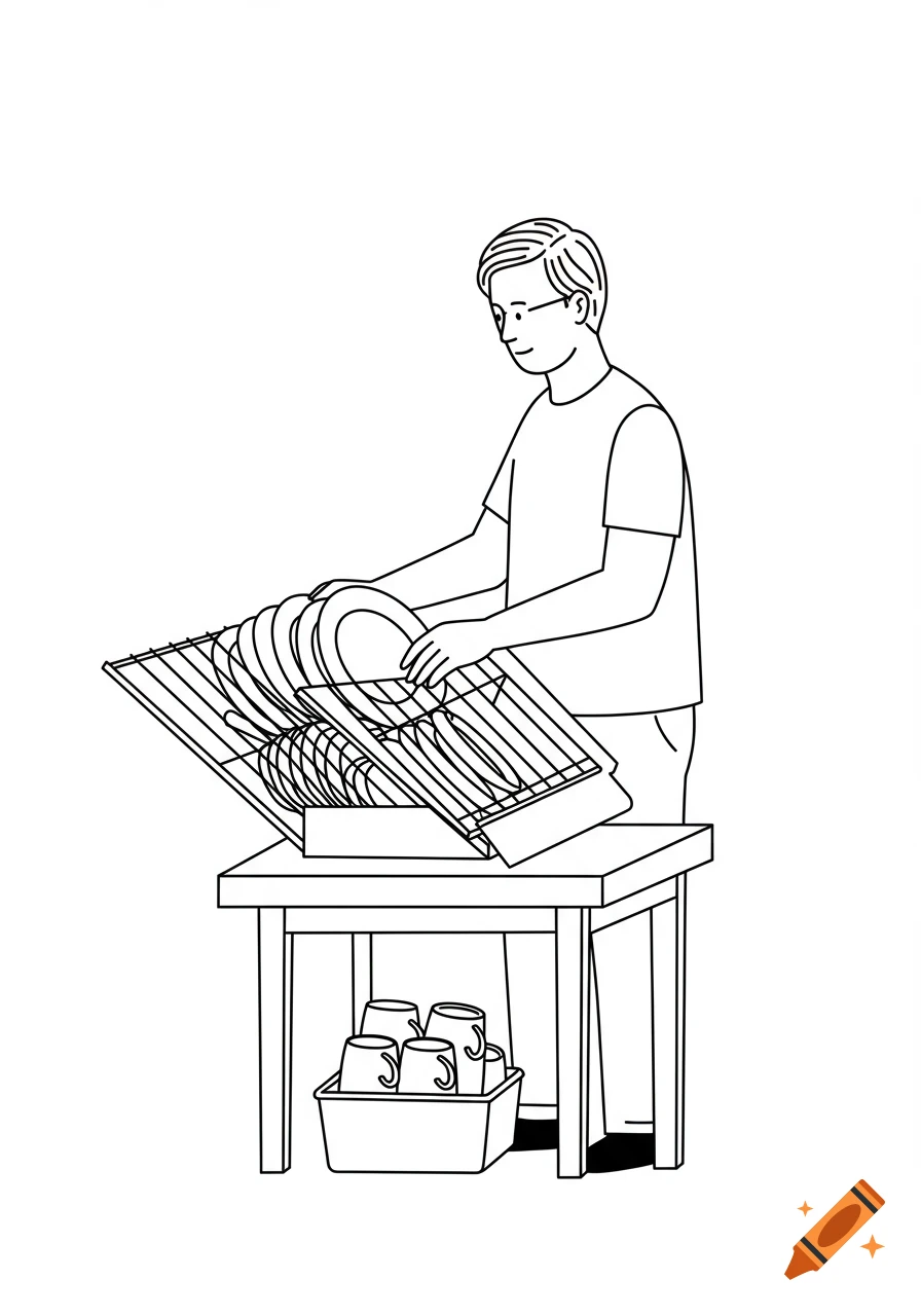 A person putting away dishes on a dish drying rack on a table, in a simple black and white line art style.