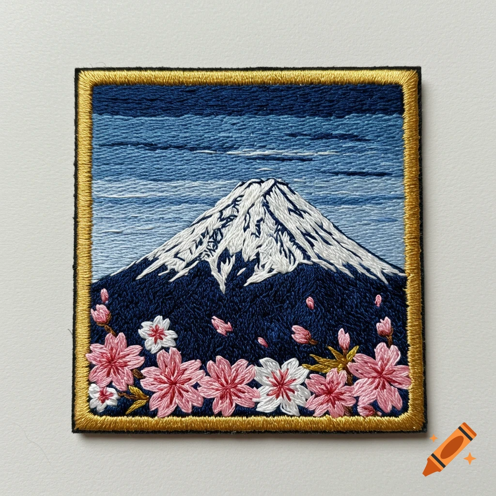 An embroidered patch featuring a snow-capped Mount Fuji against a blue sky, with pink and white cherry blossoms in the foreground.