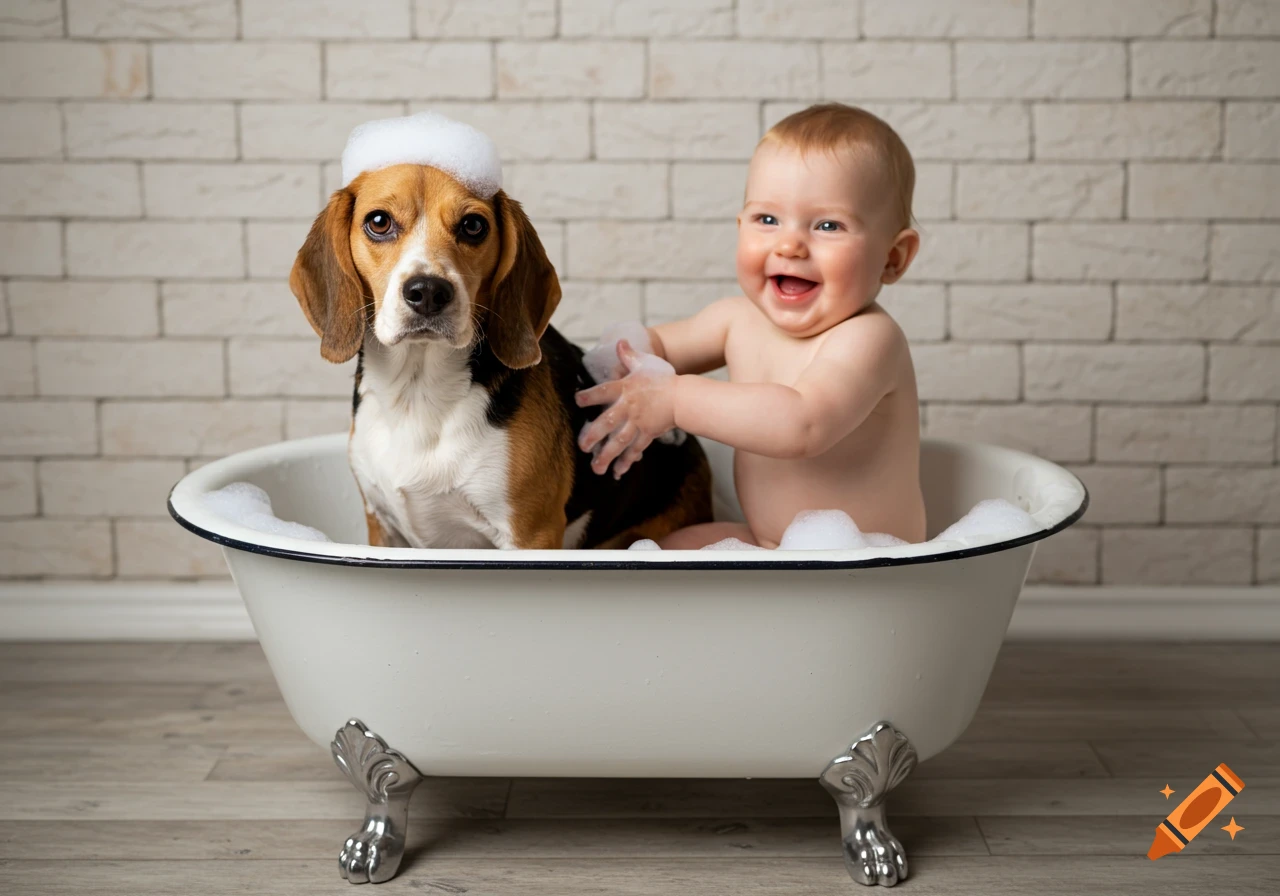 Happy baby washes a beagle dog in a white clawfoot bathtub, with soap suds on the dog's head, against a brick wall.
