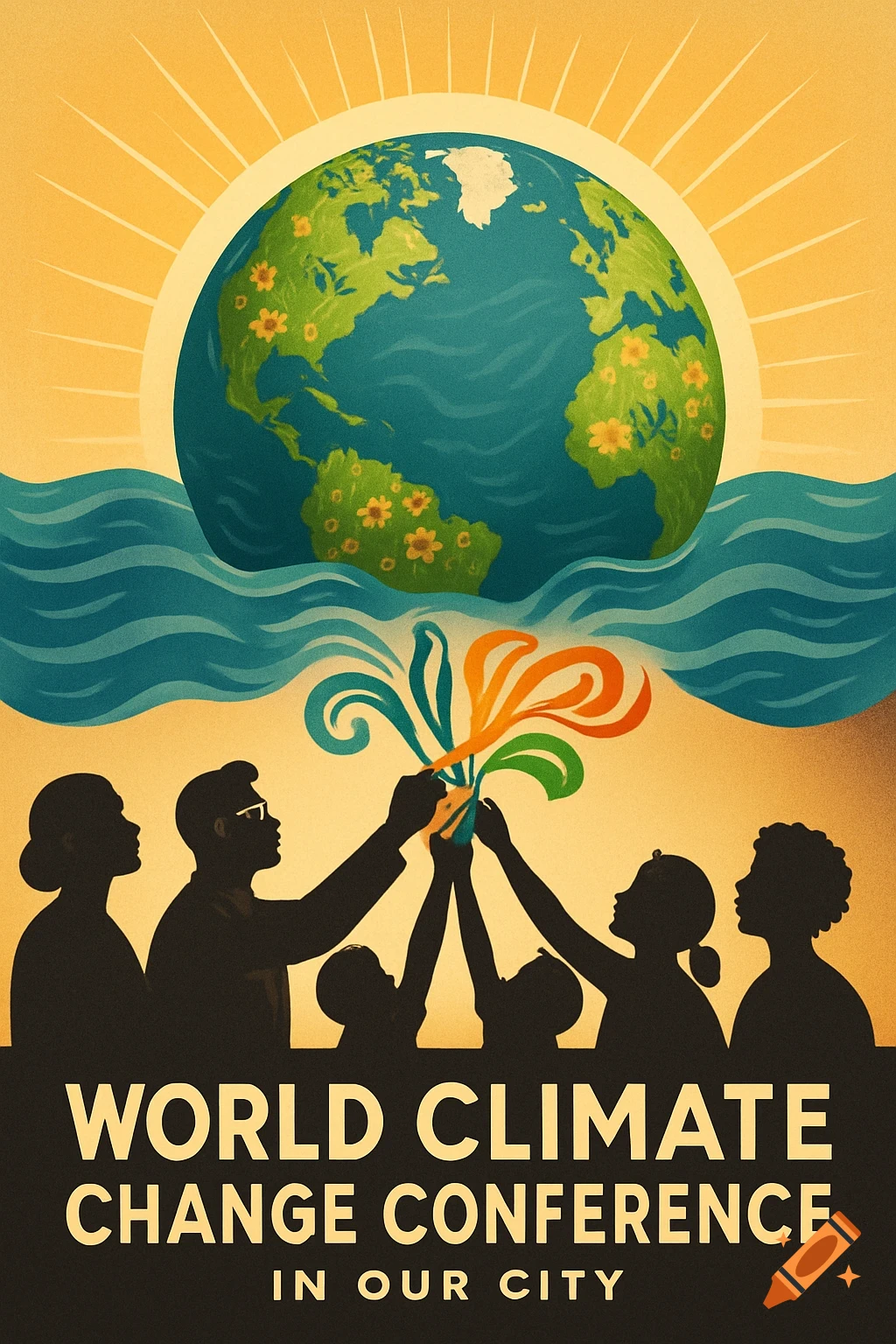A retro-style poster showing a globe, ocean, rising sun, and silhouetted people. Text reads 'WORLD CLIMATE CHANGE CONFERENCE IN OUR CITY'.