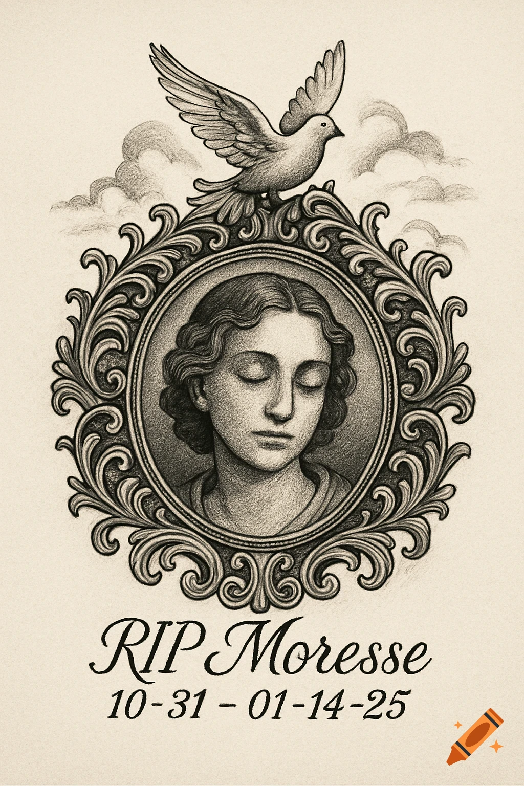 A pencil drawing of a serene woman with closed eyes in an ornate oval frame, a dove above it, and clouds in the background. Below is text "RIP Moresse 10-31 - 01-14-25".