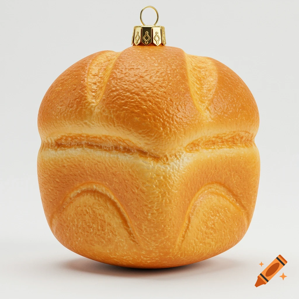 A hyperrealistic Christmas tree ornament shaped like a round loaf of bread with a gold hanger, set against a white background.