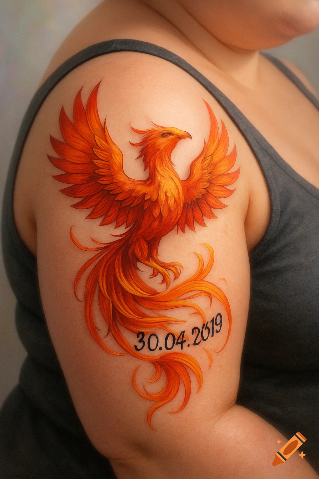 A vibrant phoenix tattoo in orange and yellow with the date 30.04.2019 on a person's upper arm.