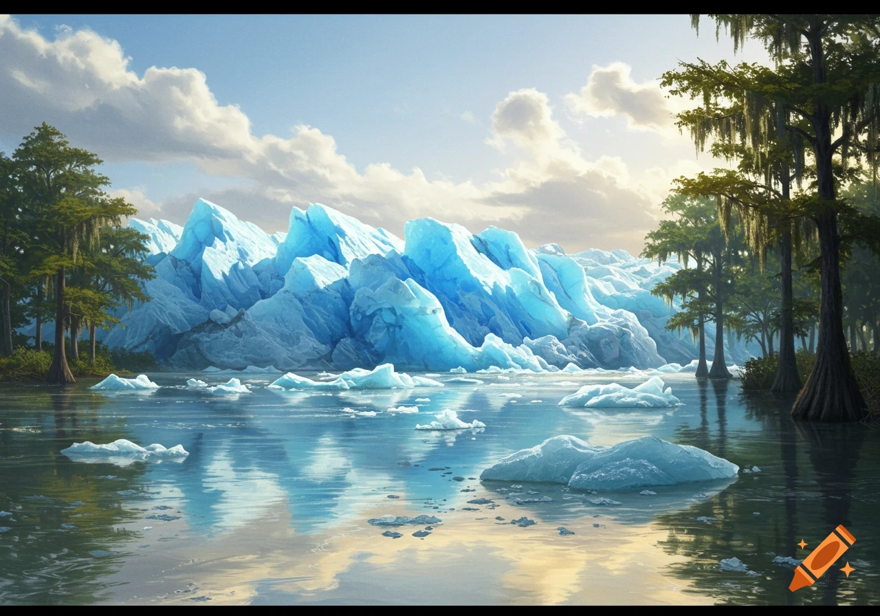 Vibrant landscape with large blue-white glaciers and ice floes on a river, flanked by green cypress trees under a cloudy sky.