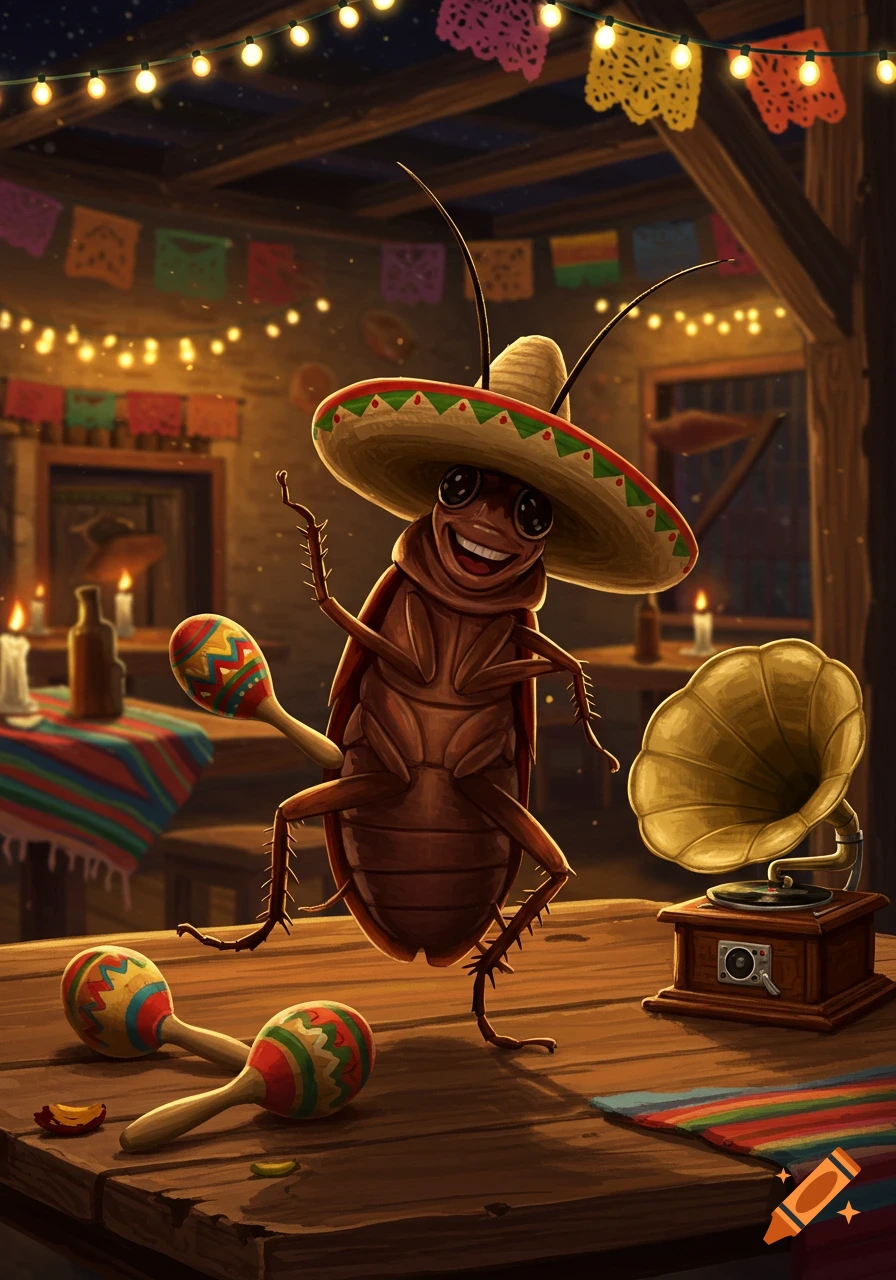 A cheerful cartoon cockroach in a sombrero dances, holding a maraca, in a festive room with string lights and colorful decorations.