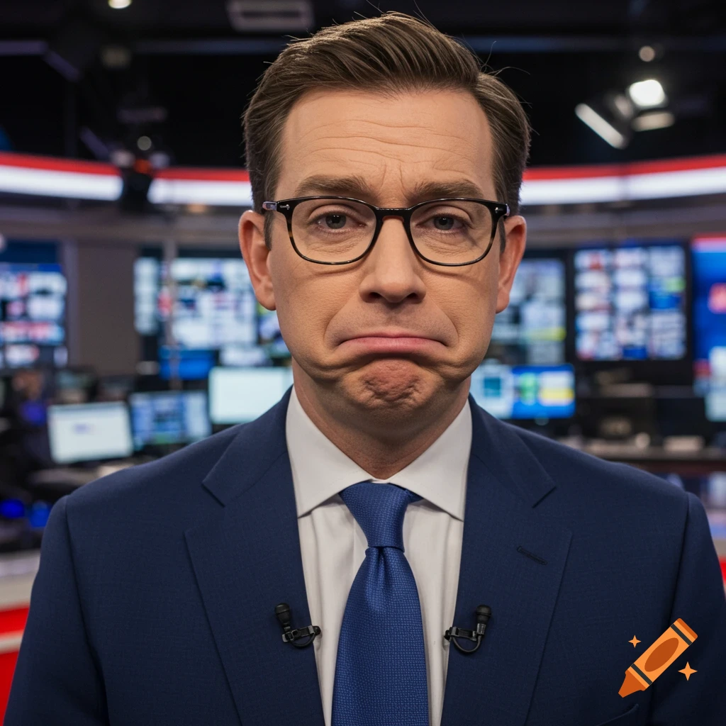 Photorealistic portrait of a male news anchor in a blue suit and glasses, making a pouting, sad face in a news studio.