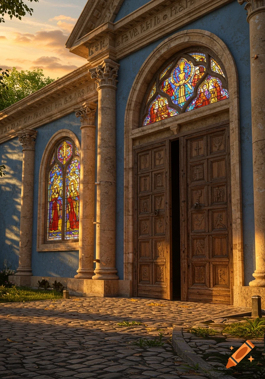 Ornate blue building facade with stone columns, carved wooden doors, and colorful stained glass windows depicting religious figures, bathed in sunset light.