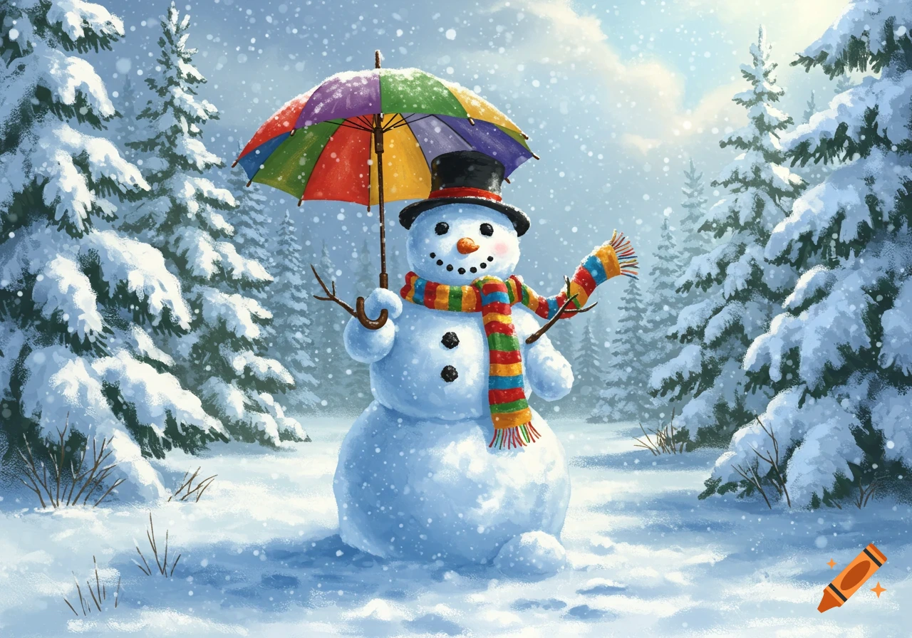 A friendly snowman wearing a top hat and a colorful striped scarf holds a rainbow umbrella in a snowy forest with pine trees.