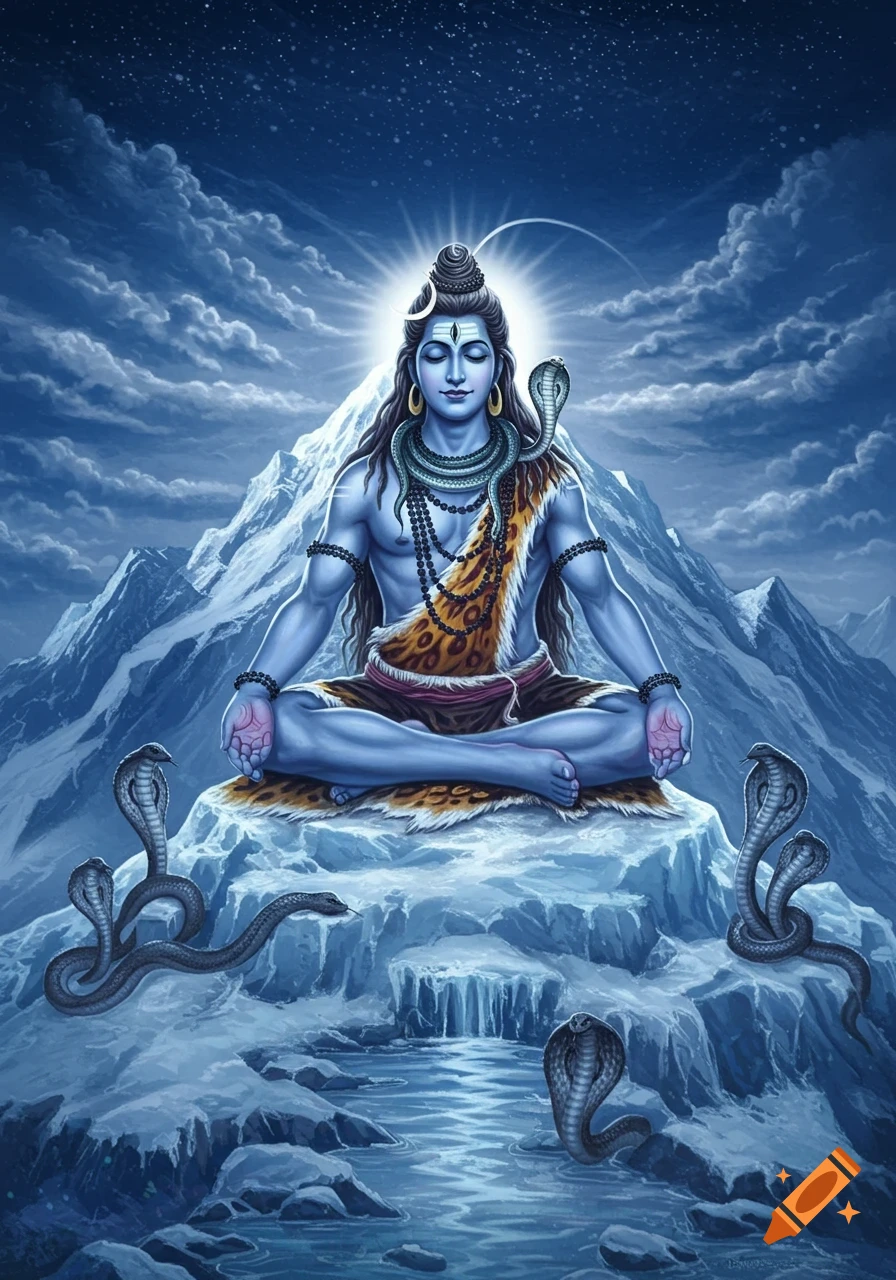 Detailed illustration of blue-skinned Shiva meditating on a snowy mountain, surrounded by snakes, under a starry night sky.