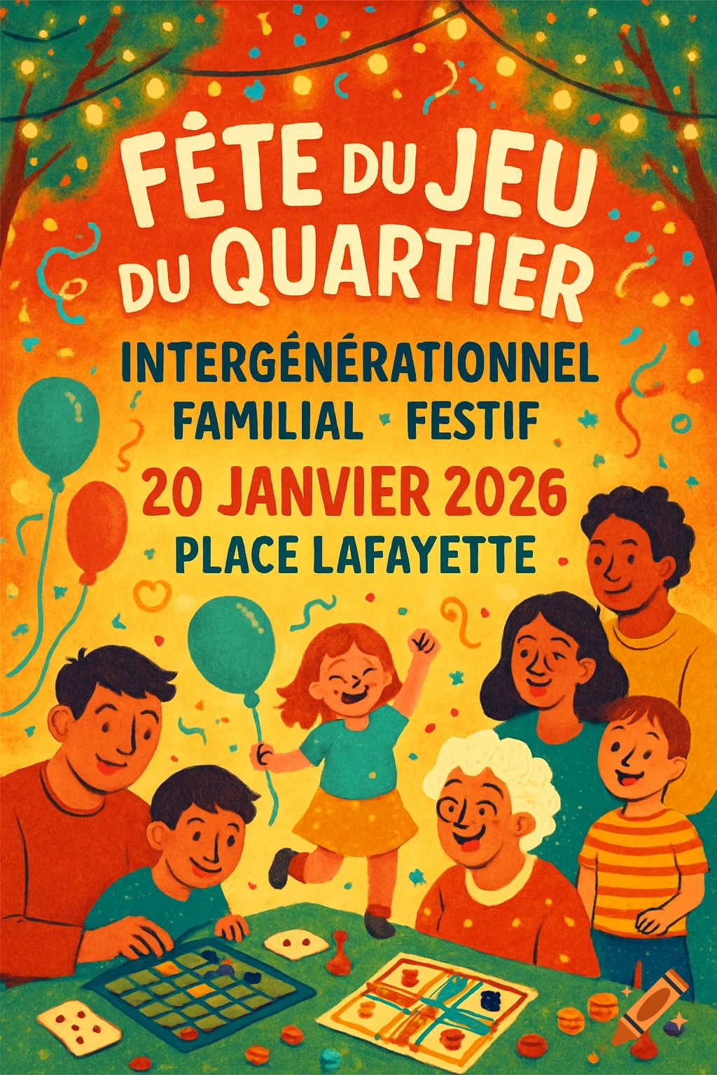 A colorful, cartoon-style poster for a neighborhood game festival, showing diverse families playing board games under string lights.