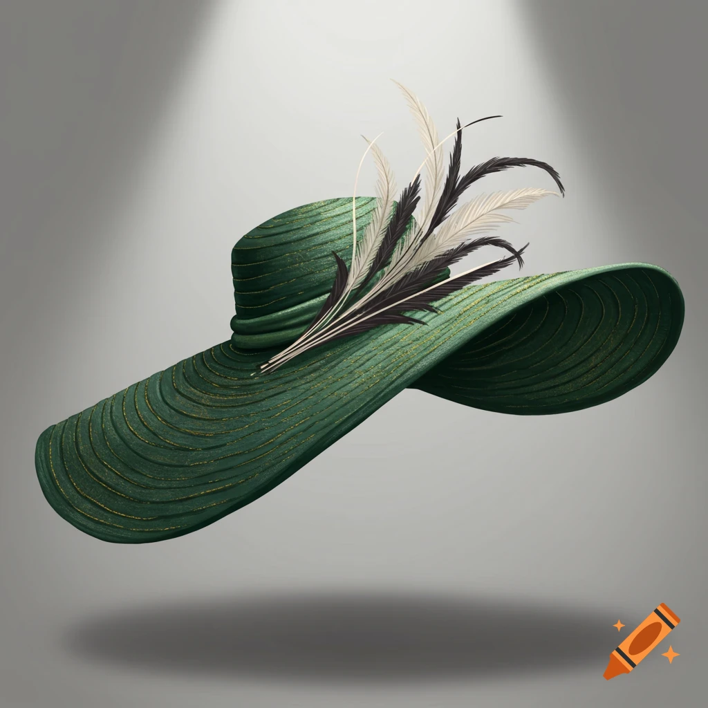 A stylized image of a green wide-brimmed hat adorned with black and white feathers, illuminated by a spotlight on a grey background.