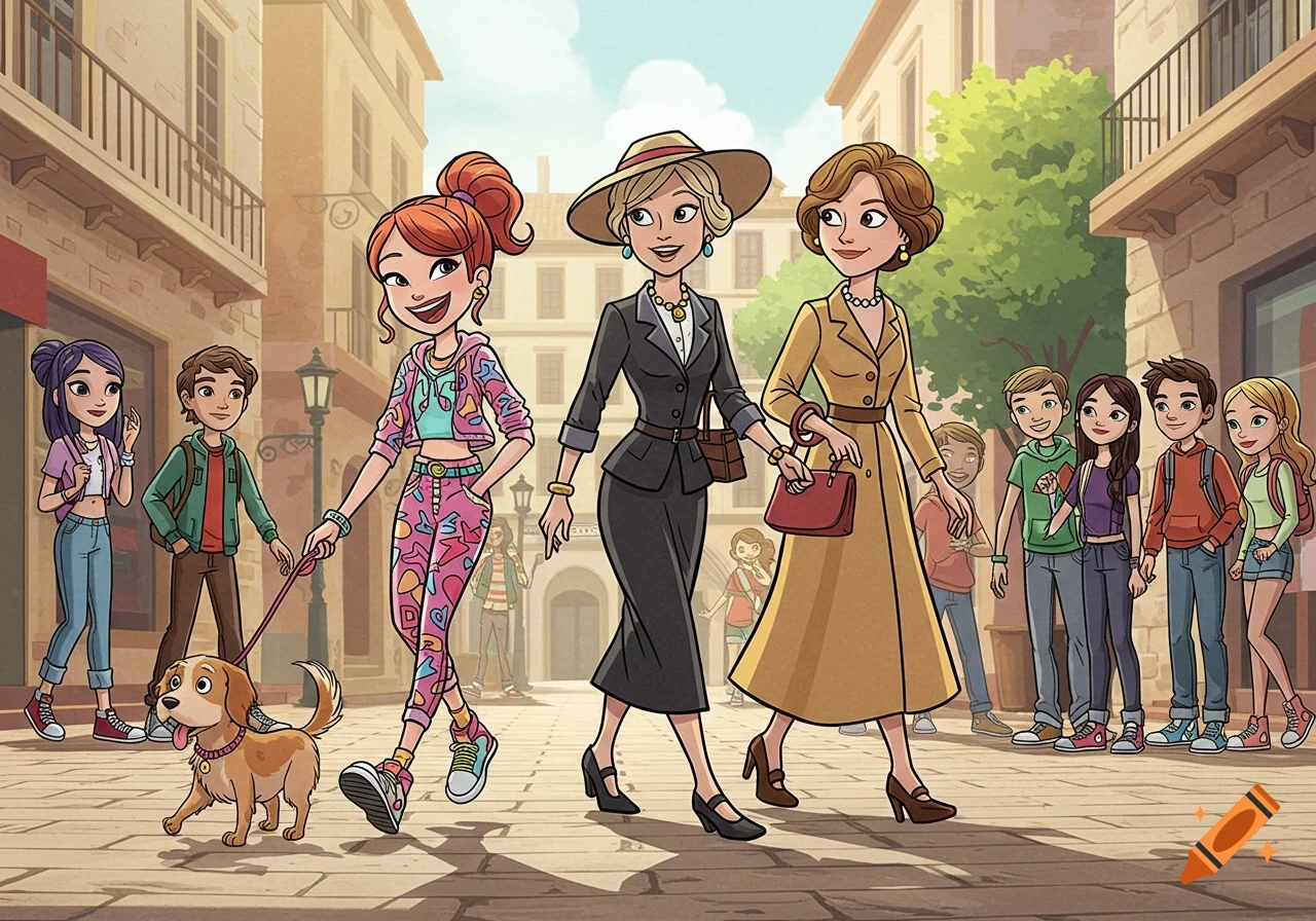 A cartoon scene of two women and a girl with a dog walking through a town square past a group of teenagers.