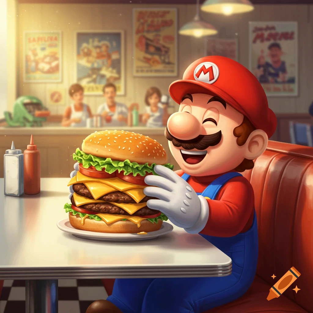 Cartoon Mario happily holds a giant cheeseburger while sitting in a red booth at a retro diner.